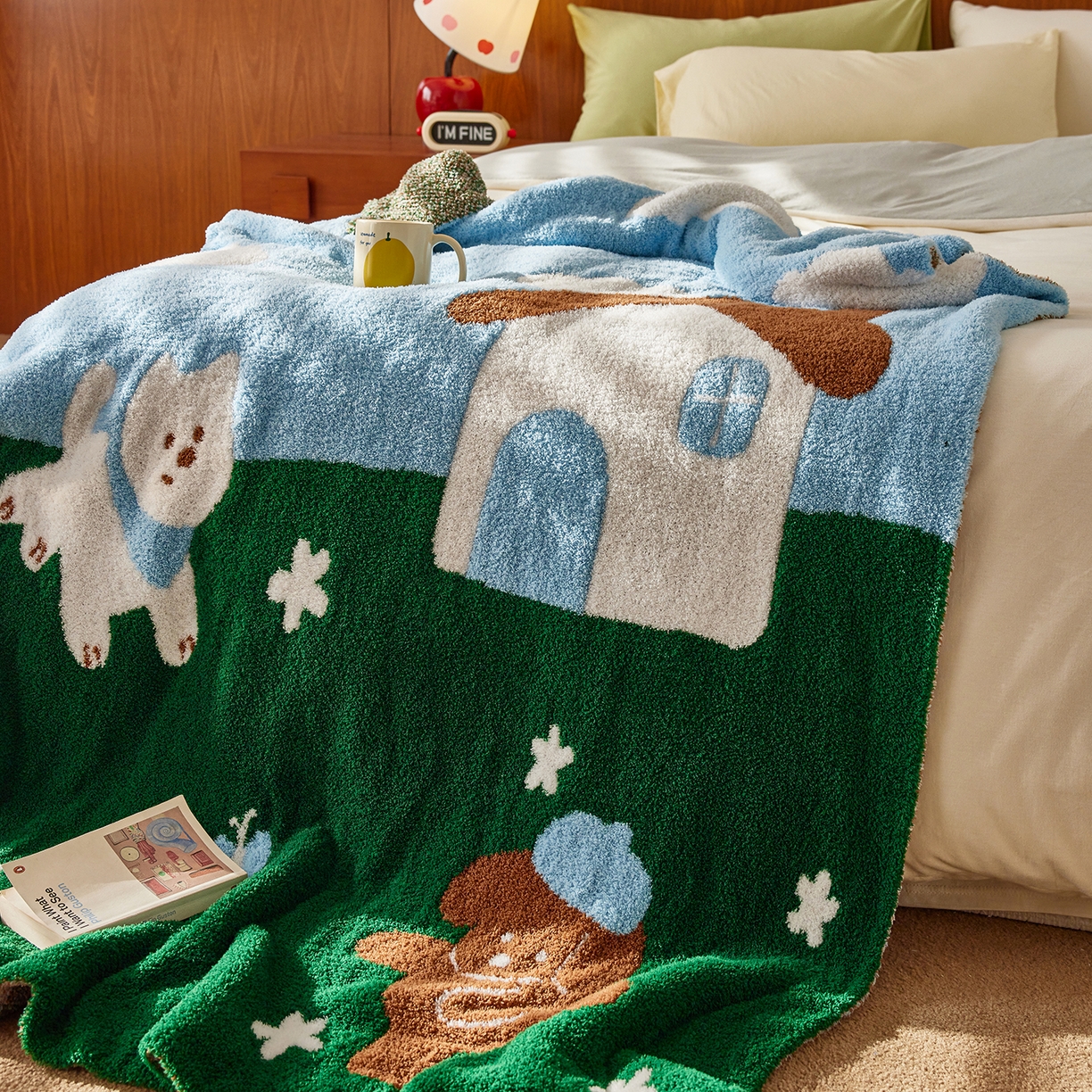 91家纺网 家纺一手货源 找家纺 安莱生活 2025新款设计师款半边绒多功能盖毯 汪仔派对