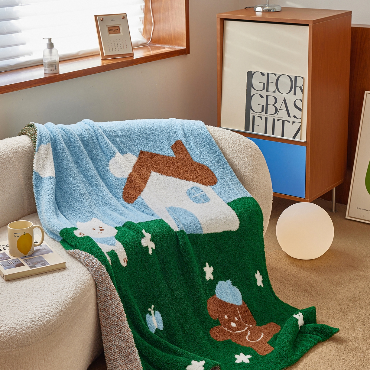 91家纺网 家纺一手货源 找家纺 安莱生活 2025新款设计师款半边绒多功能盖毯 汪仔派对