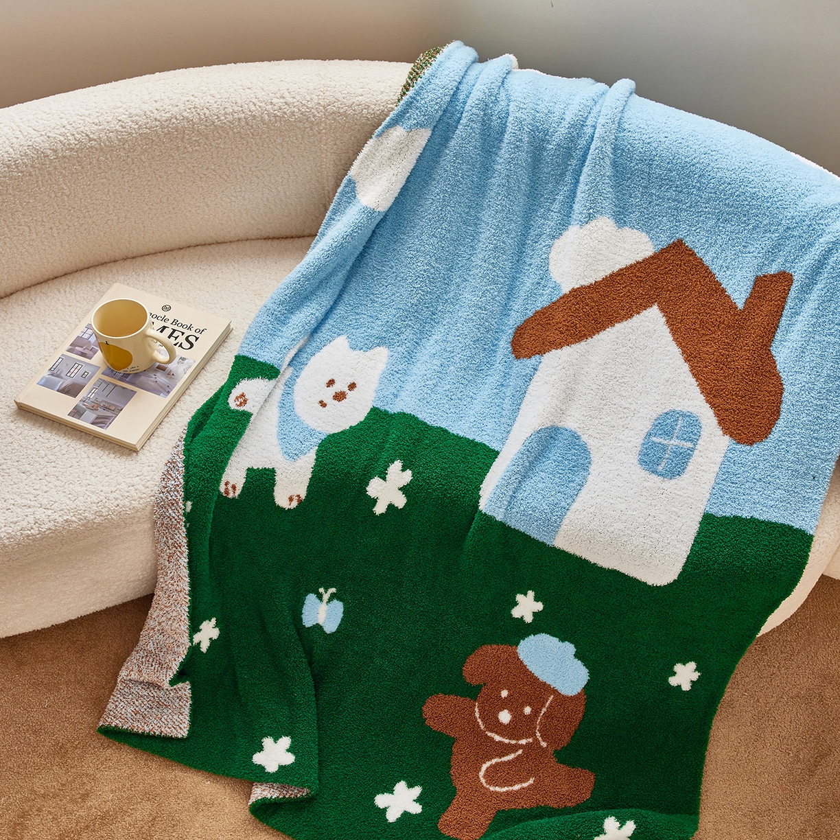 91家纺网 家纺一手货源 找家纺 安莱生活 2025新款设计师款半边绒多功能盖毯 汪仔派对