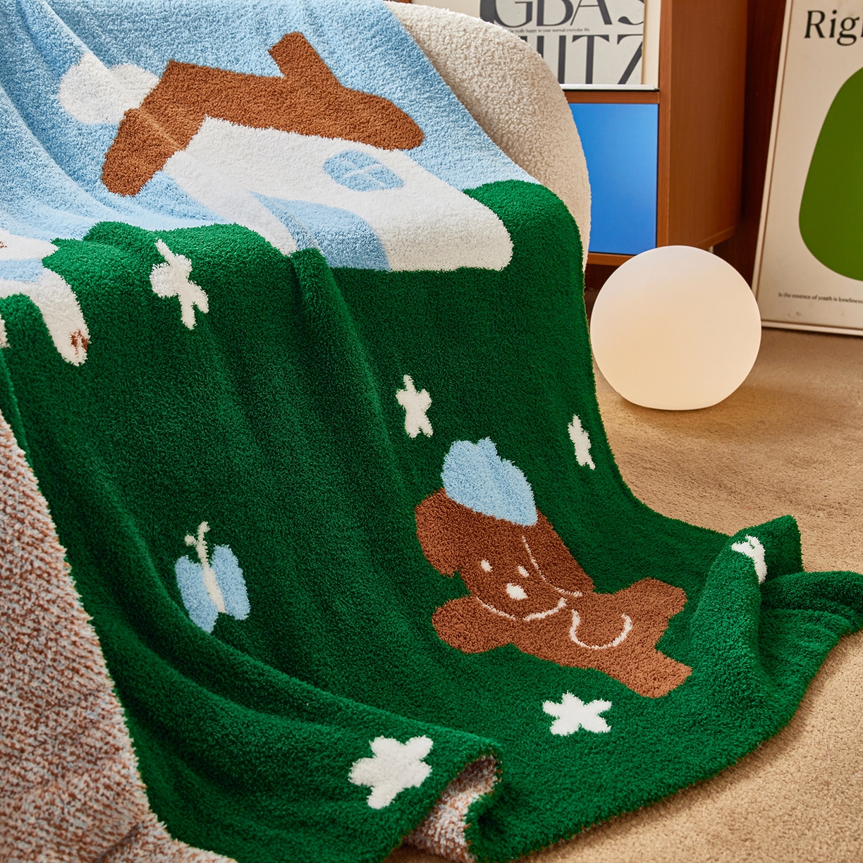 91家纺网 家纺一手货源 找家纺 安莱生活 2025新款设计师款半边绒多功能盖毯 汪仔派对