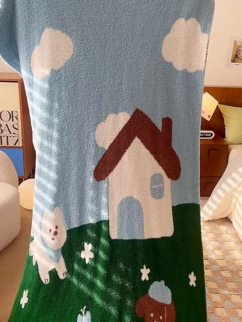 91家纺网 家纺一手货源 找家纺 安莱生活 2025新款设计师款半边绒多功能盖毯 汪仔派对