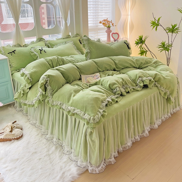 91家纺网 家纺一手货源 找家纺 言熙居家纺 2025新款仙气网纱蕾丝花边蝴蝶结牛奶绒四件套 仙女绿