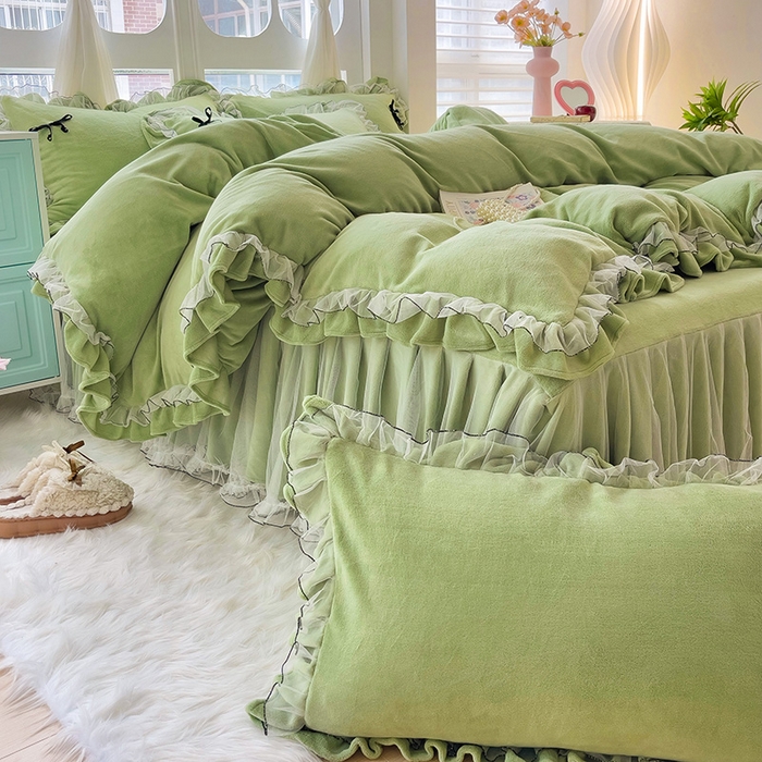 91家纺网 家纺一手货源 找家纺 言熙居家纺 2025新款仙气网纱蕾丝花边蝴蝶结牛奶绒四件套 仙女绿