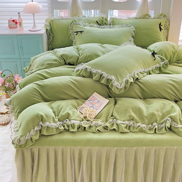 91家纺网 家纺一手货源 找家纺 言熙居家纺 2025新款仙气网纱蕾丝花边蝴蝶结牛奶绒四件套 仙女绿