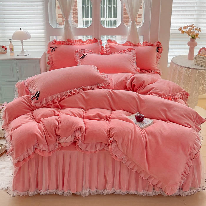 言熙居家纺 2025新款仙气网纱蕾丝花边蝴蝶结牛奶绒四件套 仙女玉