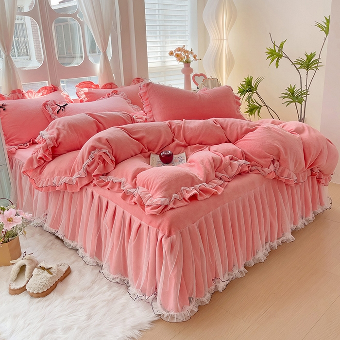 91家纺网 家纺一手货源 找家纺 言熙居家纺 2025新款仙气网纱蕾丝花边蝴蝶结牛奶绒四件套 仙女玉