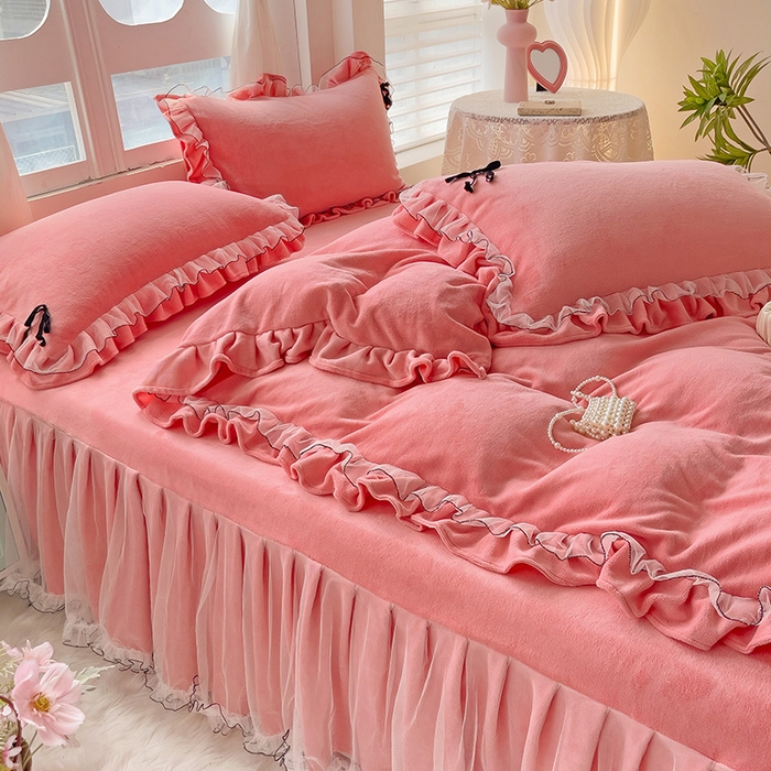 91家纺网 家纺一手货源 找家纺 言熙居家纺 2025新款仙气网纱蕾丝花边蝴蝶结牛奶绒四件套 仙女玉