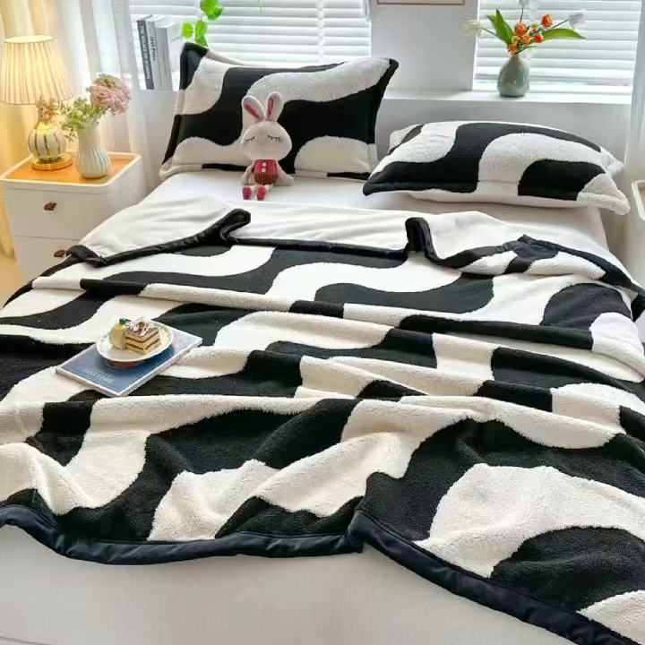 91家纺网 家纺一手货源 找家纺 肖恩毯业 2025新款黑白阳离子云锦绒复合多功能毛毯休闲盖毯绒毯毯子跨境专供 奶牛波浪
