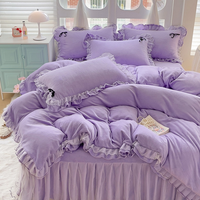 91家纺网 家纺一手货源 找家纺 言熙居家纺 2025新款仙气网纱蕾丝花边蝴蝶结牛奶绒四件套 仙女紫