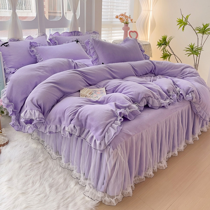 91家纺网 家纺一手货源 找家纺 言熙居家纺 2025新款仙气网纱蕾丝花边蝴蝶结牛奶绒四件套 仙女紫