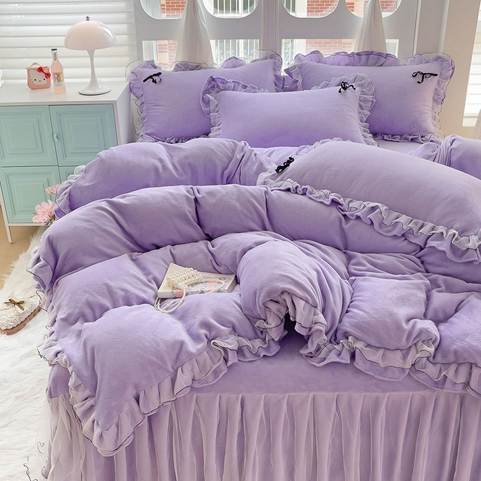 91家纺网 家纺一手货源 找家纺 言熙居家纺 2025新款仙气网纱蕾丝花边蝴蝶结牛奶绒四件套 仙女紫