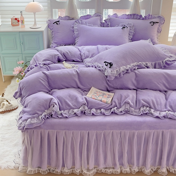 91家纺网 家纺一手货源 找家纺 言熙居家纺 2025新款仙气网纱蕾丝花边蝴蝶结牛奶绒四件套 仙女紫