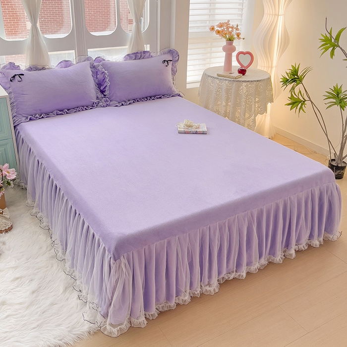 91家纺网 家纺一手货源 找家纺 言熙居家纺 2025新款仙气网纱蕾丝花边蝴蝶结牛奶绒四件套 仙女紫