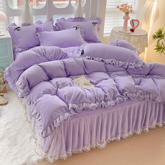 91家纺网 家纺一手货源 找家纺 言熙居家纺 2025新款仙气网纱蕾丝花边蝴蝶结牛奶绒四件套 仙女紫