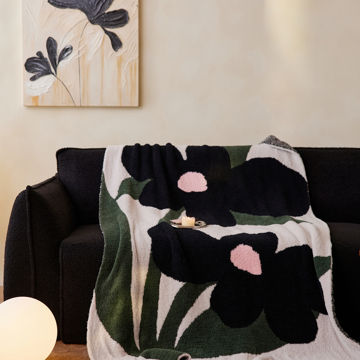 91家纺网 家纺一手货源 找家纺 安莱生活 2025新款设计师款半边绒多功能盖毯 一路生花-绿