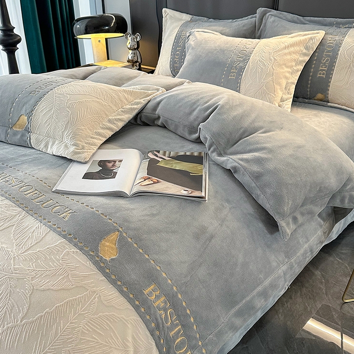 莱凯家纺 2025新款牛奶绒雕花刺绣四件套-叶屿 叶屿-灰