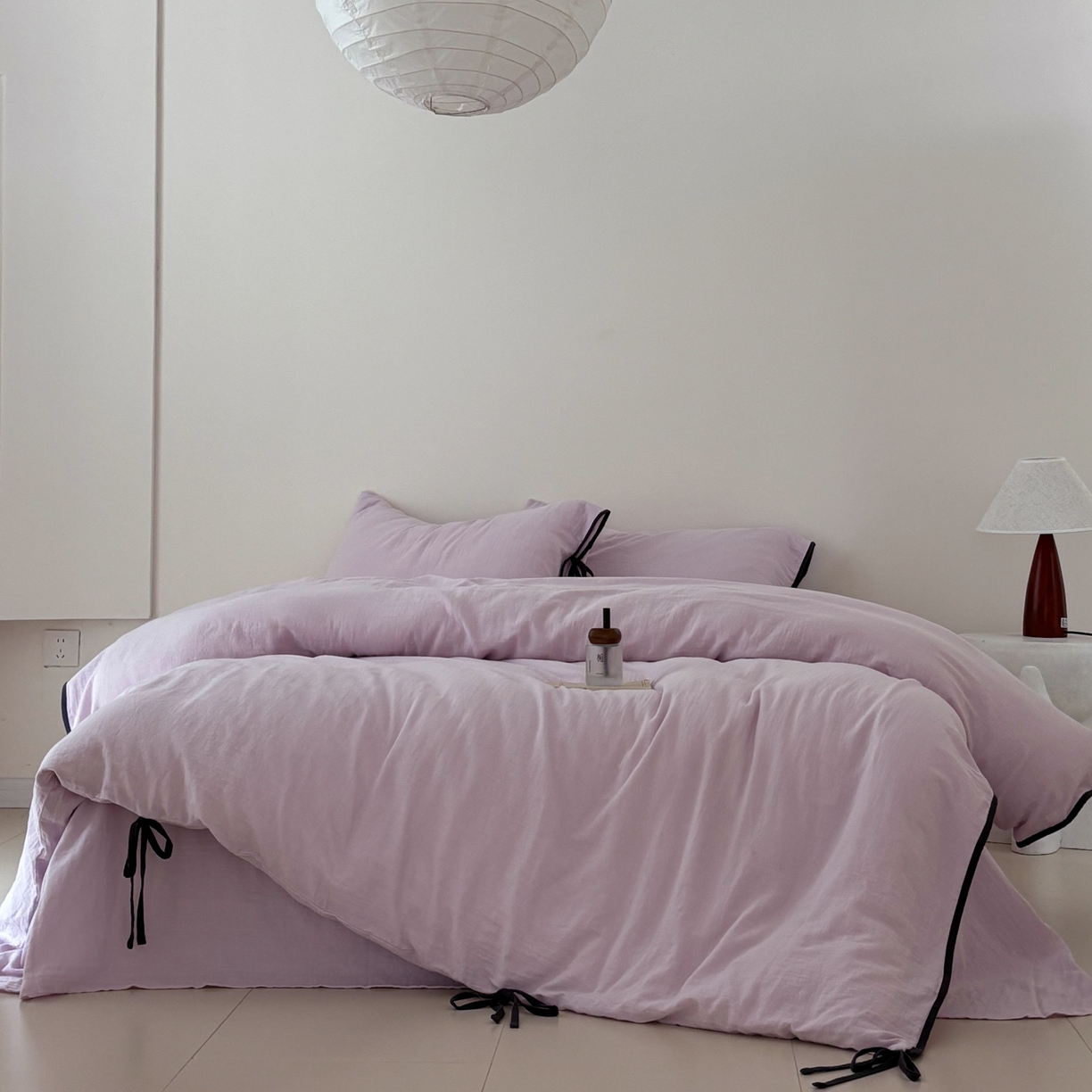 91家纺网 家纺一手货源 找家纺 FORTWO家纺原创设计（FOR TWO家纺） 2025新款40支双层纱撞色包边蝴蝶结款单被套-海盐 海盐-樱落紫