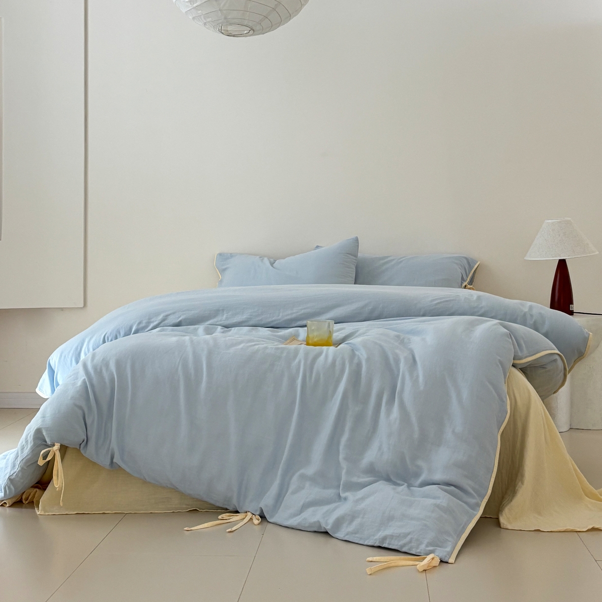 91家纺网 家纺一手货源 找家纺 （总）FORTWO家纺原创设计（FOR TWO家纺） 2025新款40支双层纱撞色包边蝴蝶结款单被套-海盐