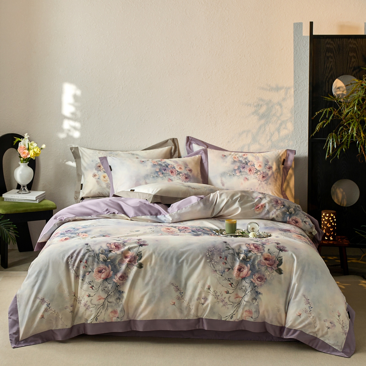 91家纺网 家纺一手货源 找家纺 轩和家居 2025新款轻奢A类70S长绒棉纯棉印花四件套-第三组 漫步花庭