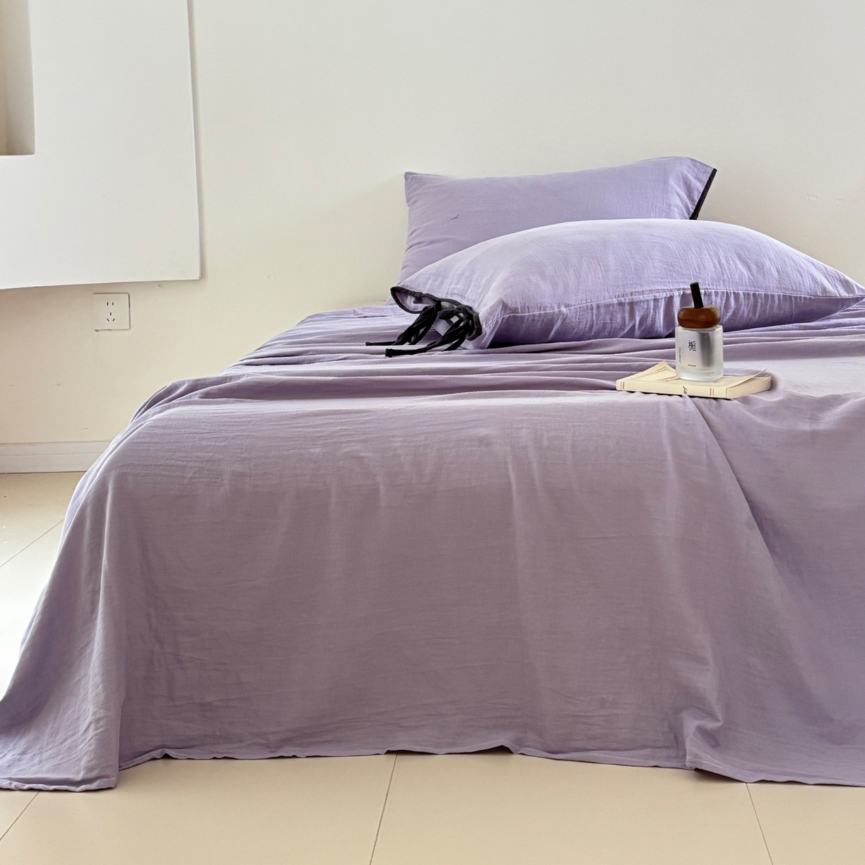 91家纺网 家纺一手货源 找家纺 FORTWO家纺原创设计（FOR TWO家纺） 2025新款40支双层纱撞色包边蝴蝶结款单被套-海盐 海盐-木槿紫