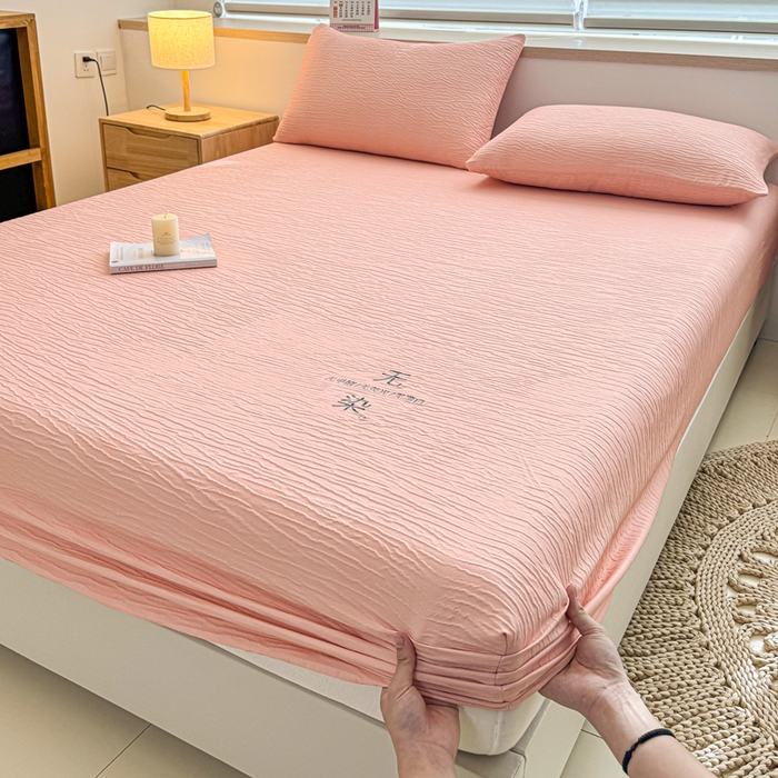 91家纺网 家纺一手货源 找家纺 小萌虎2025新款双层纱皱皱棉床笠 粉玉