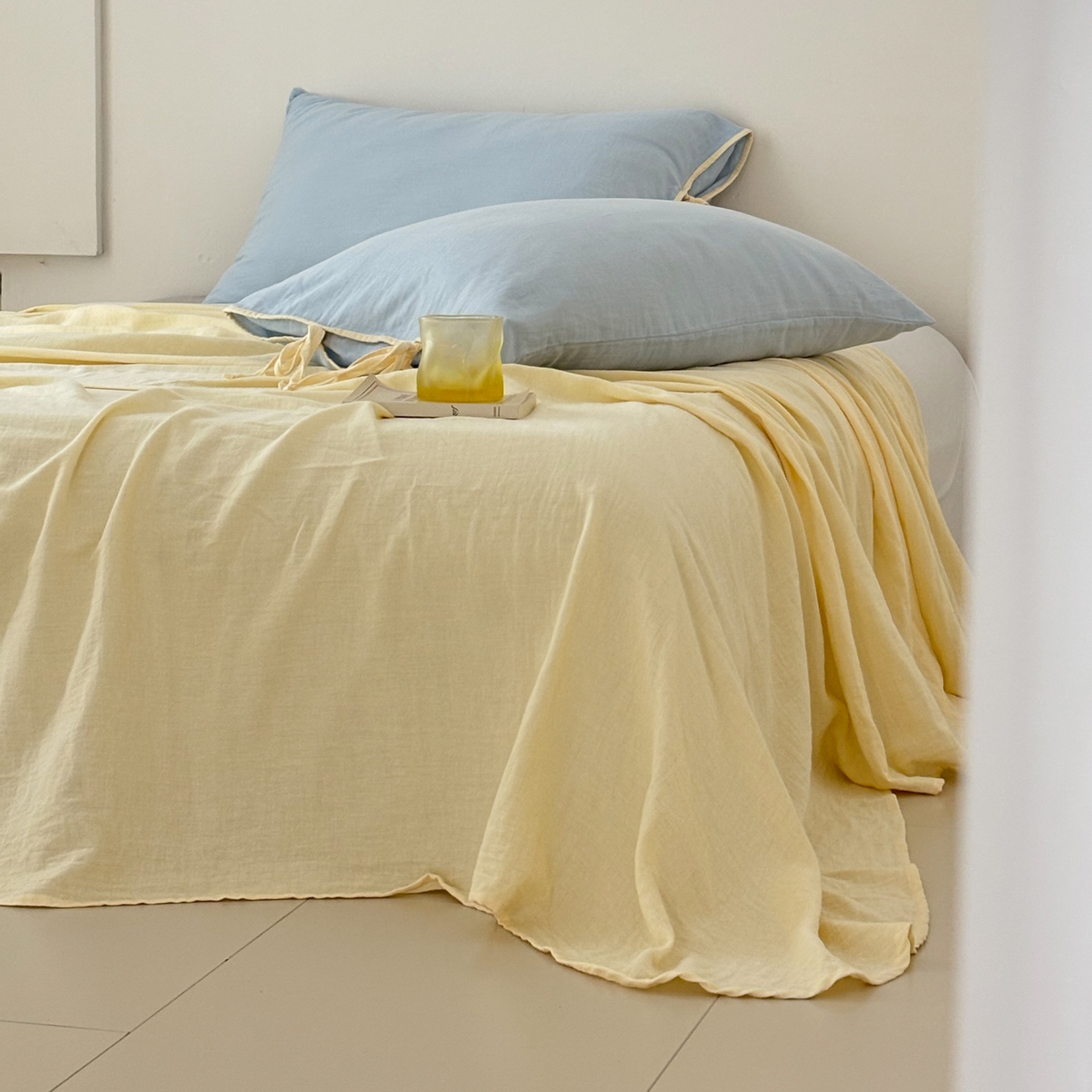 91家纺网 家纺一手货源 找家纺 （总）FORTWO家纺原创设计（FOR TWO家纺） 2025新款40支双层纱撞色包边蝴蝶结款单被套-海盐