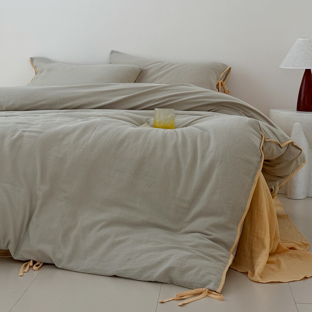 91家纺网 家纺一手货源 找家纺 （总）FORTWO家纺原创设计（FOR TWO家纺） 2025新款40支双层纱撞色包边蝴蝶结款单被套-海盐