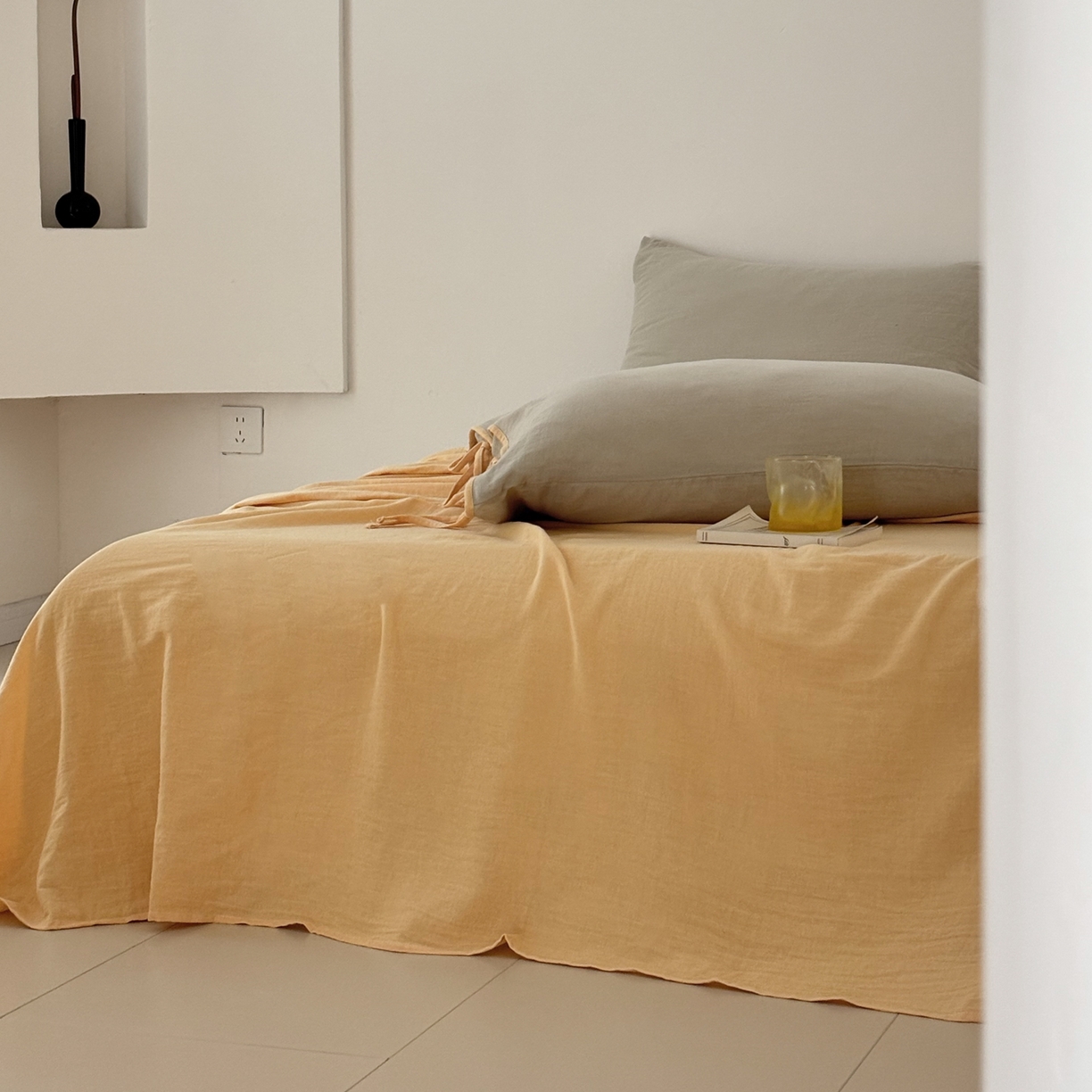 91家纺网 家纺一手货源 找家纺 FORTWO家纺原创设计（FOR TWO家纺） 2025新款40支双层纱撞色包边蝴蝶结款单被套-海盐 海盐-蜜豆绿