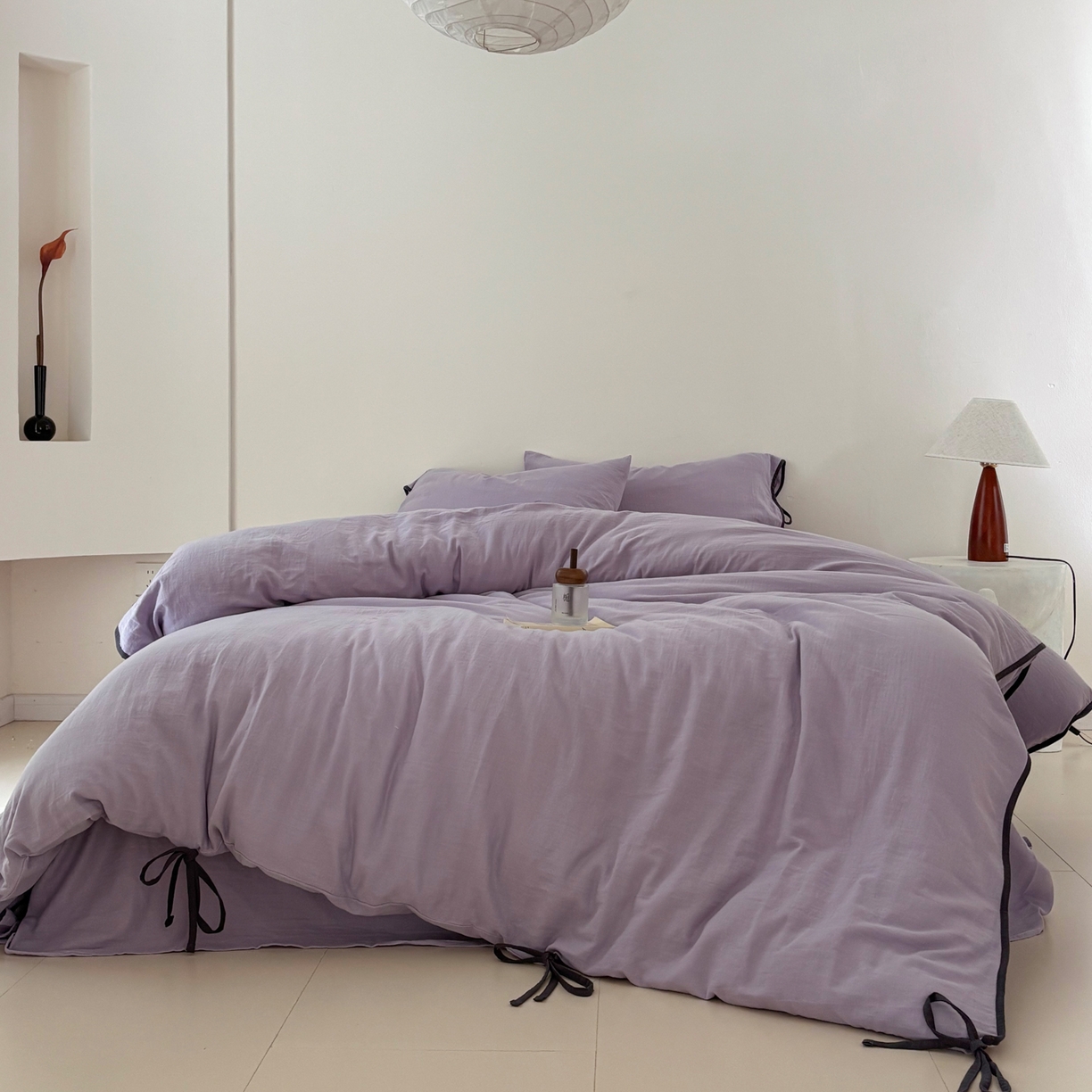 91家纺网 家纺一手货源 找家纺 FORTWO家纺原创设计（FOR TWO家纺） 2025新款40支双层纱撞色包边蝴蝶结款单被套-海盐 海盐-木槿紫