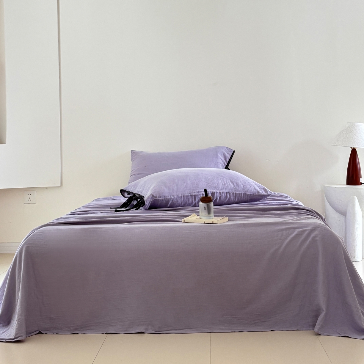 91家纺网 家纺一手货源 找家纺 FORTWO家纺原创设计（FOR TWO家纺） 2025新款40支双层纱撞色包边蝴蝶结款单被套-海盐 海盐-木槿紫