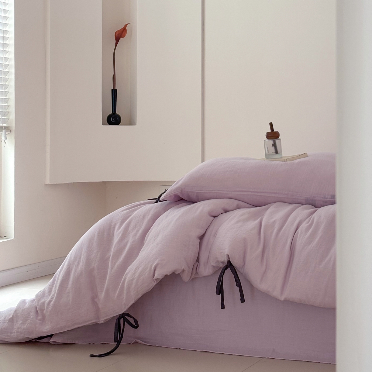 91家纺网 家纺一手货源 找家纺 FORTWO家纺原创设计（FOR TWO家纺） 2025新款40支双层纱撞色包边蝴蝶结款单被套-海盐 海盐-樱落紫