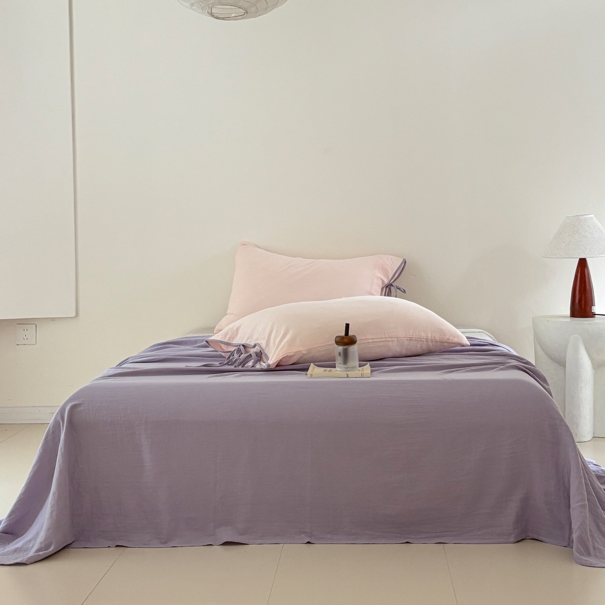 91家纺网 家纺一手货源 找家纺 FORTWO家纺原创设计（FOR TWO家纺） 2025新款40支双层纱撞色包边蝴蝶结款单被套-海盐 海盐-竹桃粉