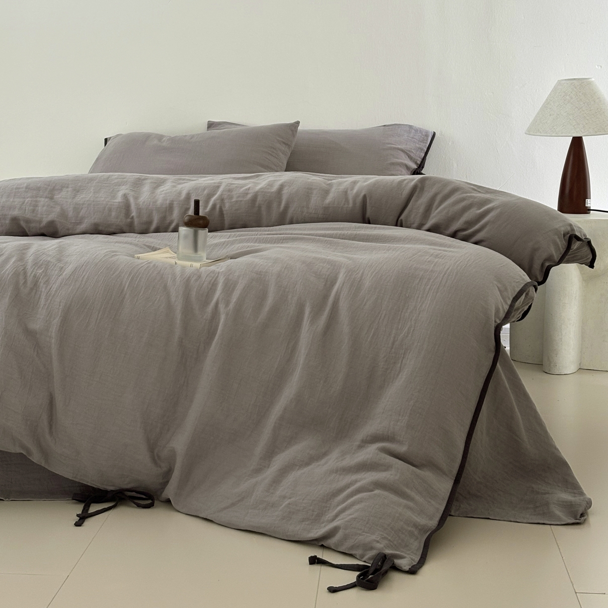 FORTWO家纺原创设计（FOR TWO家纺） 2025新款40支双层纱撞色包边蝴蝶结款单被套-海盐 海盐-冰川灰