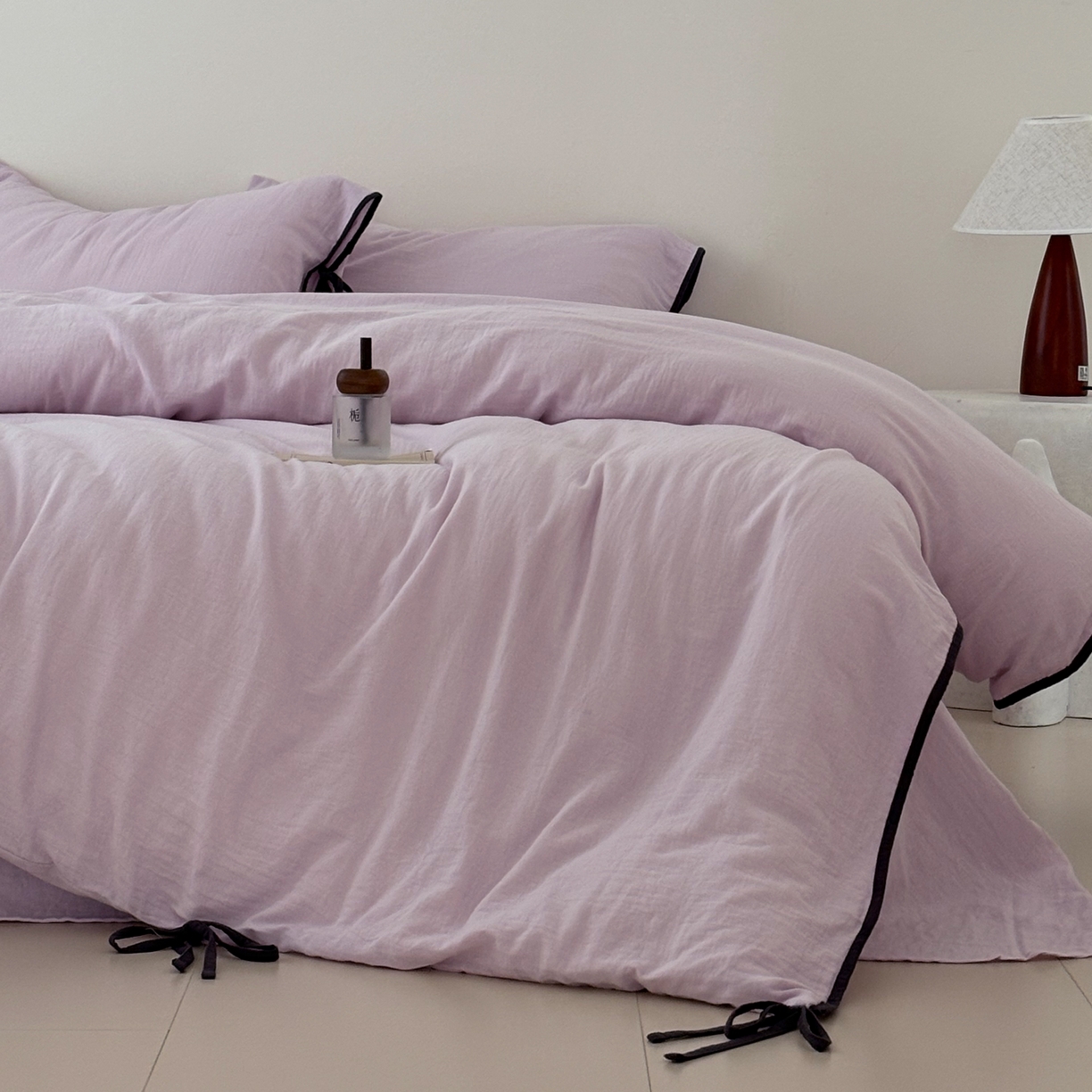 91家纺网 家纺一手货源 找家纺 （总）FORTWO家纺原创设计（FOR TWO家纺） 2025新款40支双层纱撞色包边蝴蝶结款单被套-海盐