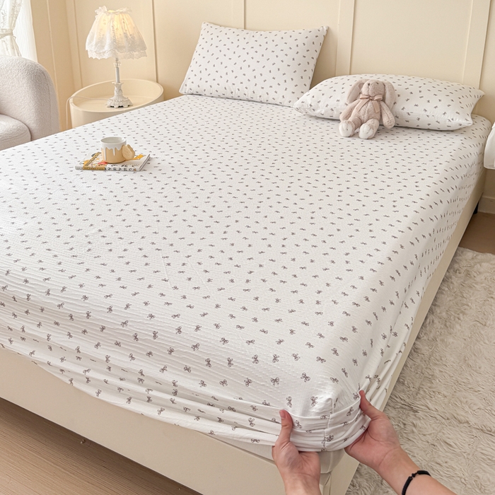 91家纺网 家纺一手货源 找家纺 小萌虎2025新款双层纱皱皱棉床笠 蝴蝶结