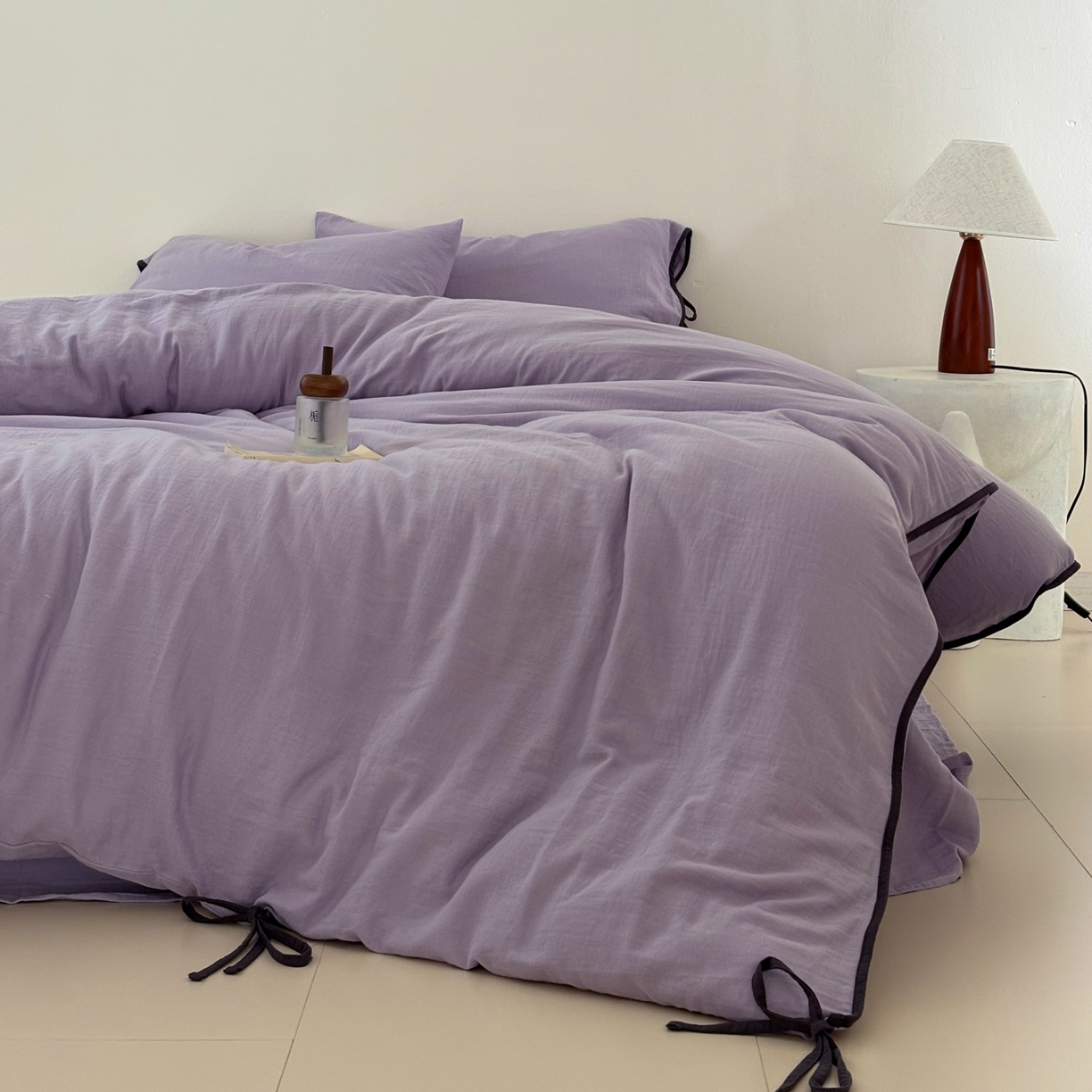 FORTWO家纺原创设计（FOR TWO家纺） 2025新款40支双层纱撞色包边蝴蝶结款单被套-海盐 海盐-木槿紫