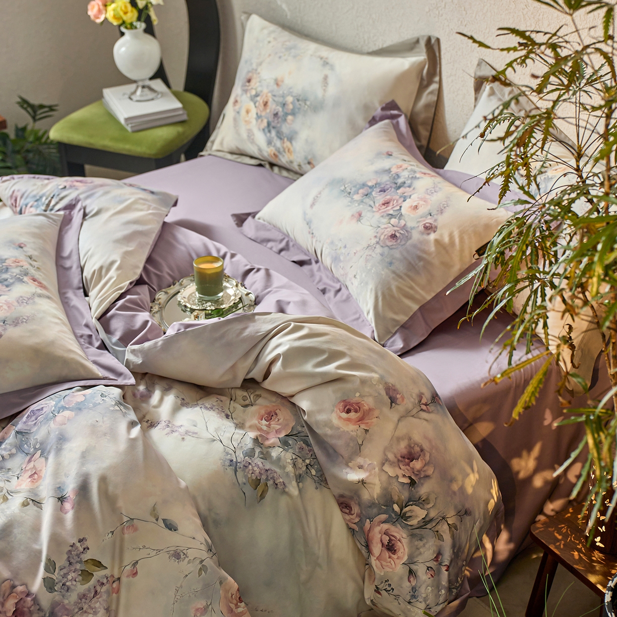 91家纺网 家纺一手货源 找家纺 轩和家居 2025新款轻奢A类70S长绒棉纯棉印花四件套-第三组 漫步花庭