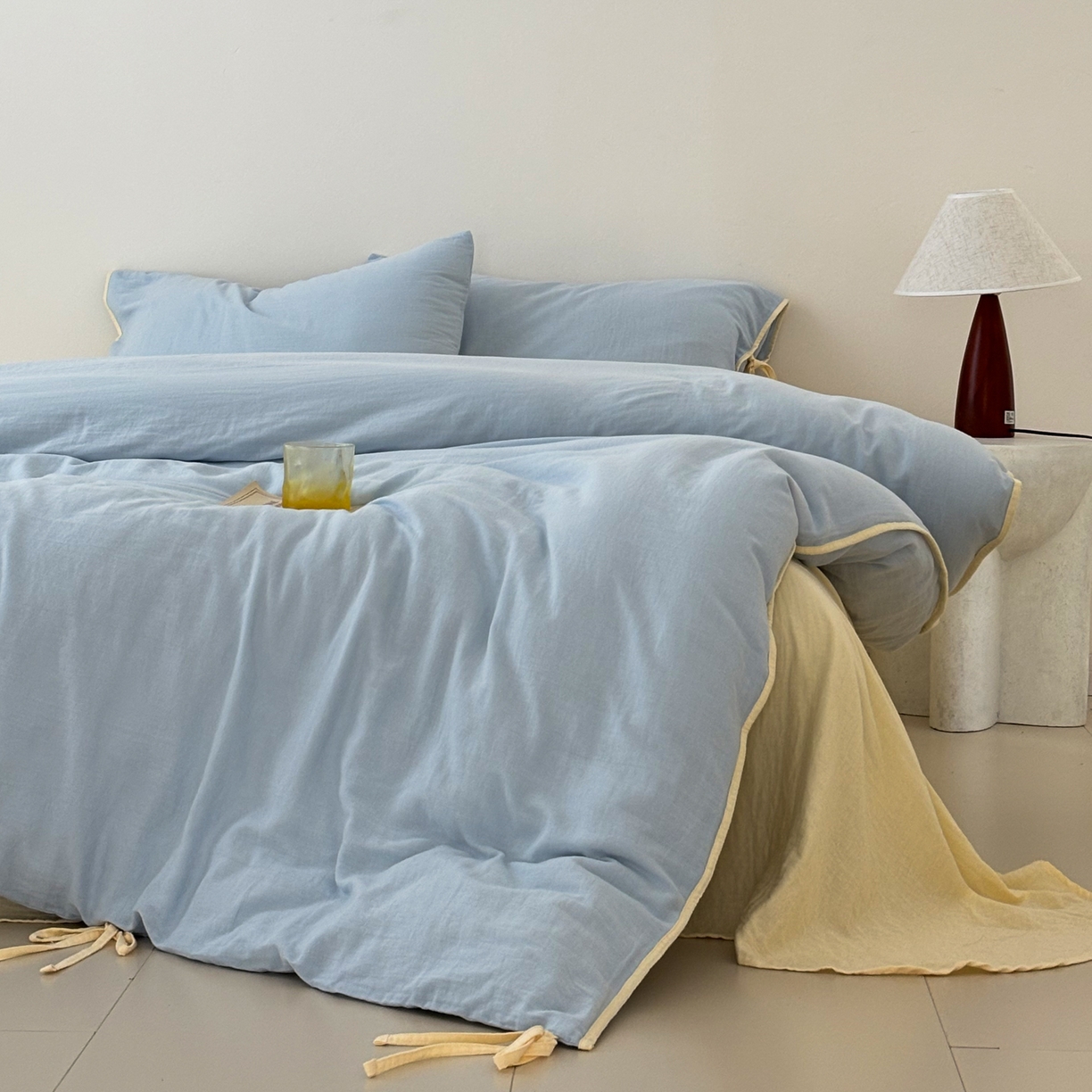 91家纺网 家纺一手货源 找家纺 FORTWO家纺原创设计（FOR TWO家纺） 2025新款40支双层纱撞色包边蝴蝶结款单被套-海盐 海盐-水蓝