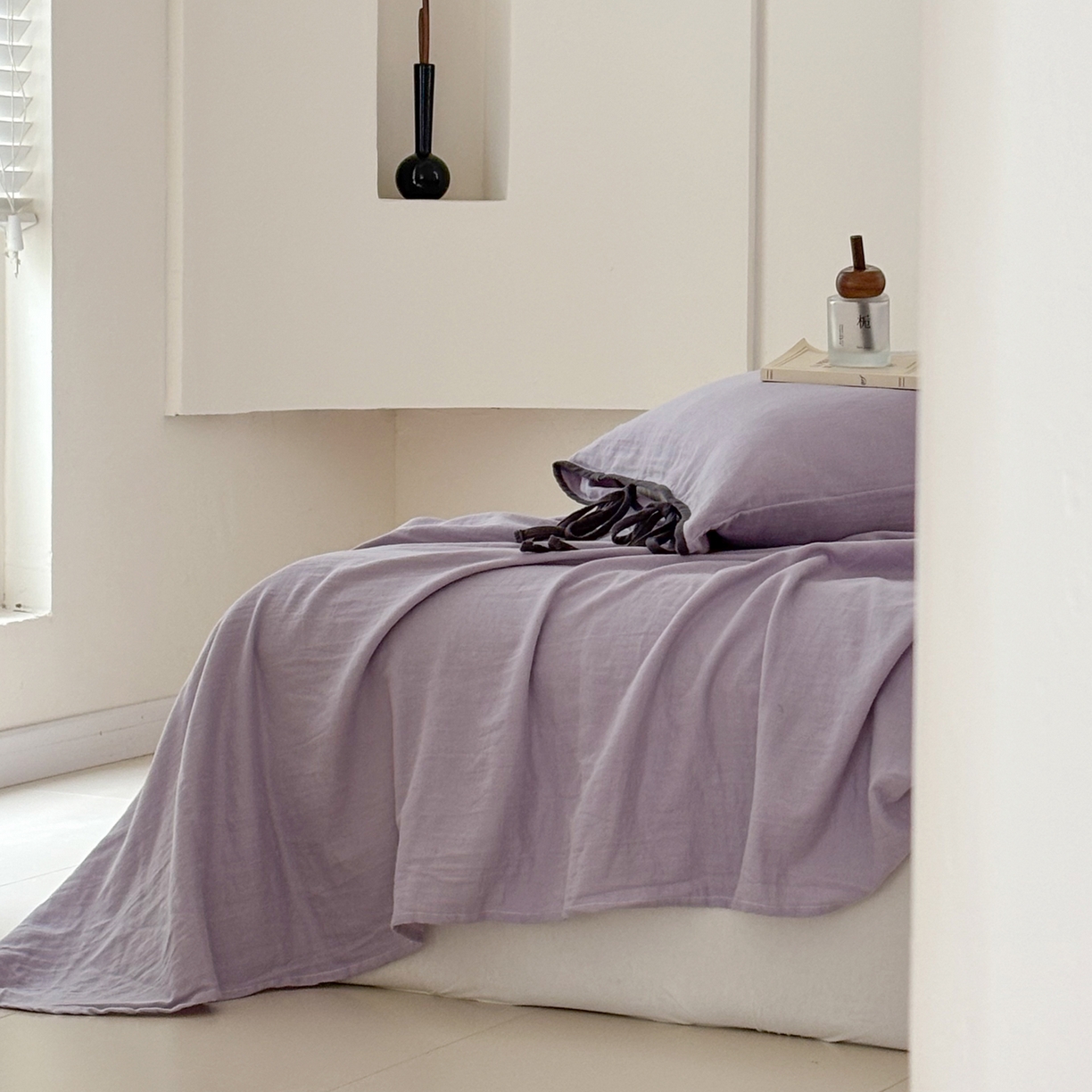 91家纺网 家纺一手货源 找家纺 FORTWO家纺原创设计（FOR TWO家纺） 2025新款40支双层纱撞色包边蝴蝶结款单被套-海盐 海盐-木槿紫