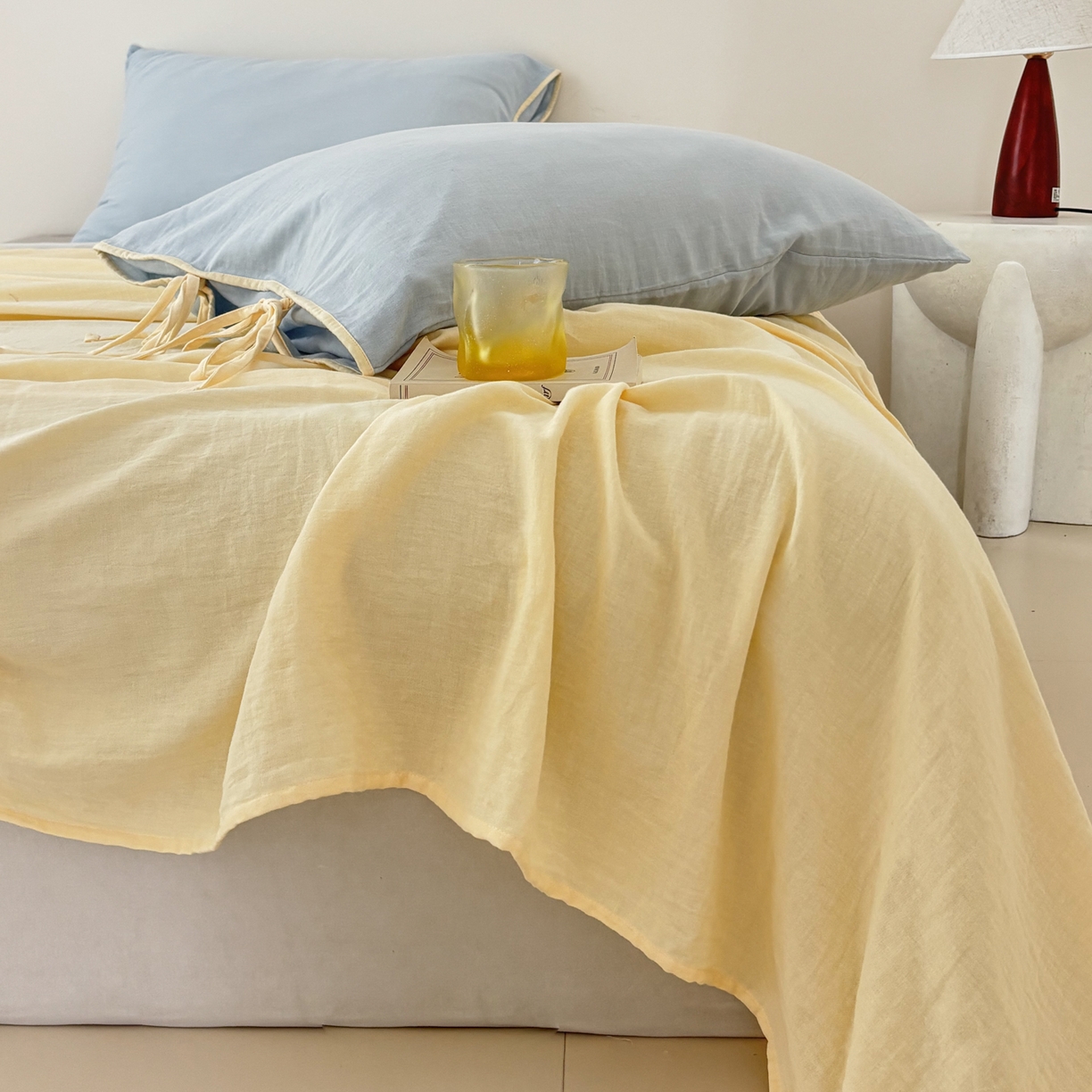 91家纺网 家纺一手货源 找家纺 FORTWO家纺原创设计（FOR TWO家纺） 2025新款40支双层纱撞色包边蝴蝶结款单被套-海盐 海盐-水蓝