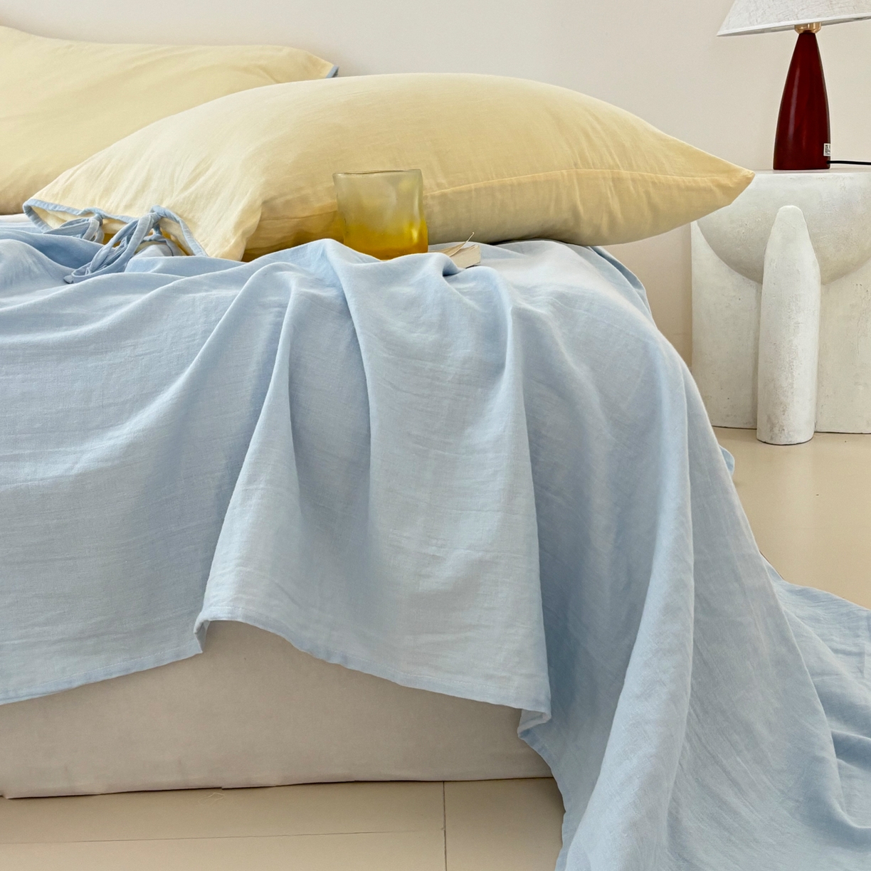 91家纺网 家纺一手货源 找家纺 FORTWO家纺原创设计（FOR TWO家纺） 2025新款40支双层纱撞色包边蝴蝶结款单被套-海盐 海盐-香草黄