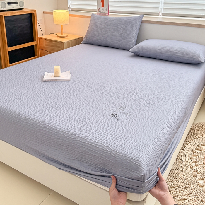 91家纺网 家纺一手货源 找家纺 小萌虎2025新款双层纱皱皱棉床笠 简灰