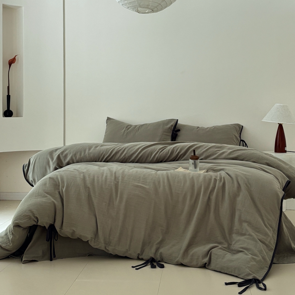 91家纺网 家纺一手货源 找家纺 FORTWO家纺原创设计（FOR TWO家纺） 2025新款40支双层纱撞色包边蝴蝶结款单被套-海盐 海盐-青石绿