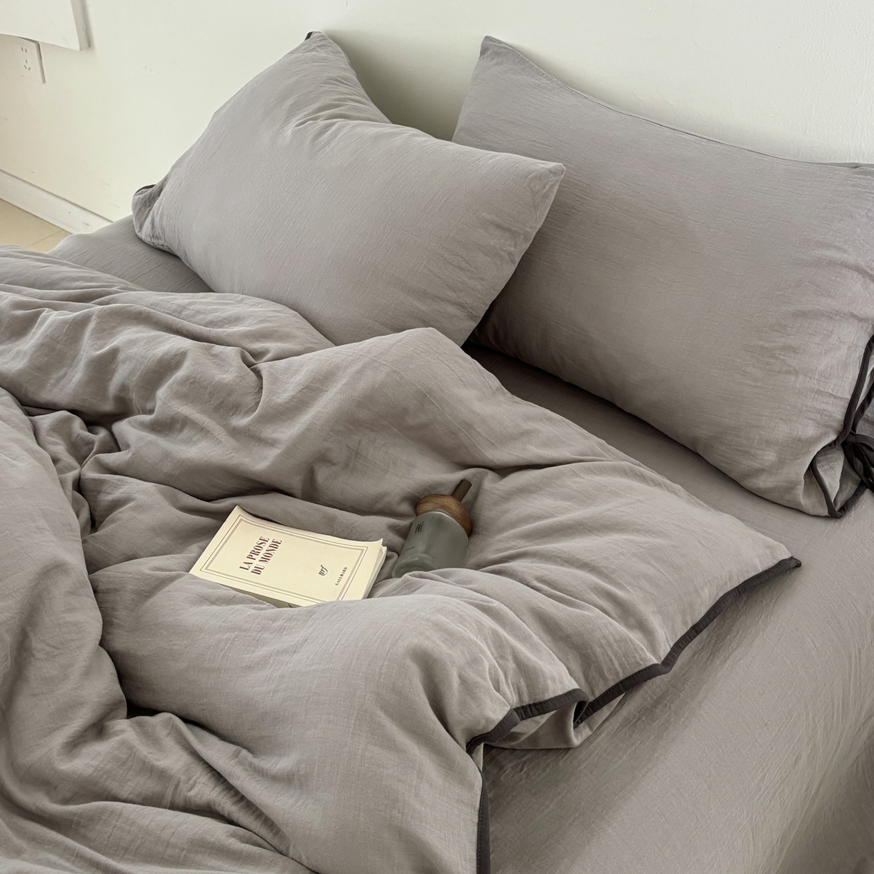 FORTWO家纺原创设计（FOR TWO家纺） 2025新款40支双层纱撞色包边蝴蝶结款单床笠-海盐 海盐-冰川灰