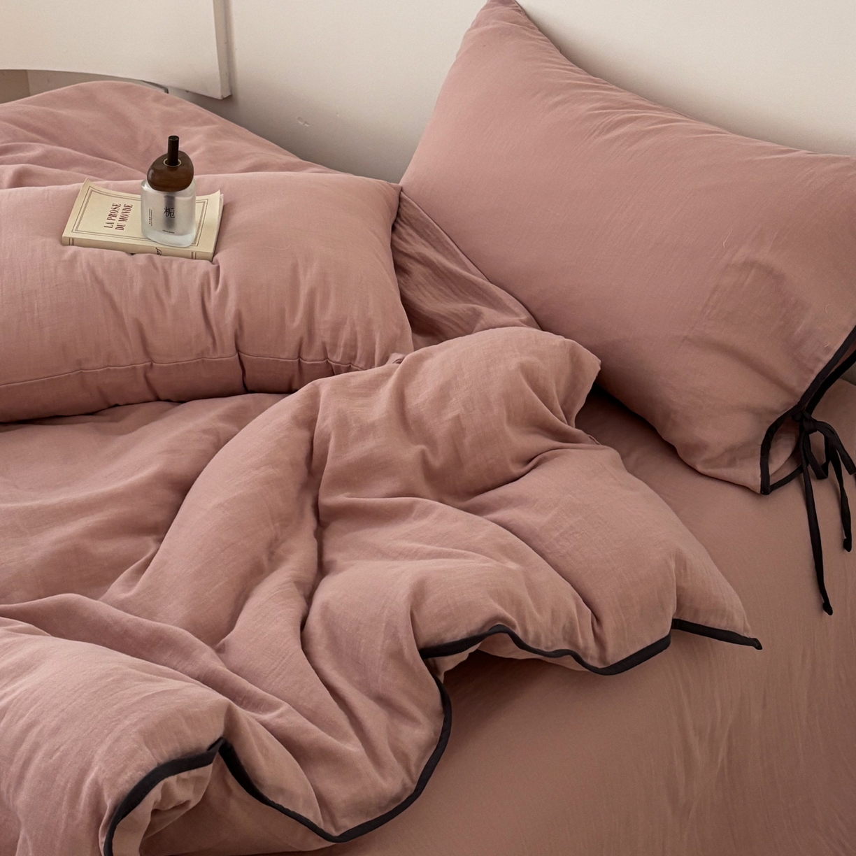 FORTWO家纺原创设计（FOR TWO家纺） 2025新款40支双层纱撞色包边蝴蝶结款单床笠-海盐 海盐-红茶