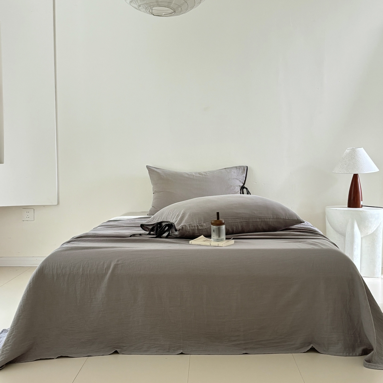 91家纺网 家纺一手货源 找家纺 （总）FORTWO家纺原创设计（FOR TWO家纺） 2025新款40支双层纱撞色包边蝴蝶结款单床单-海盐