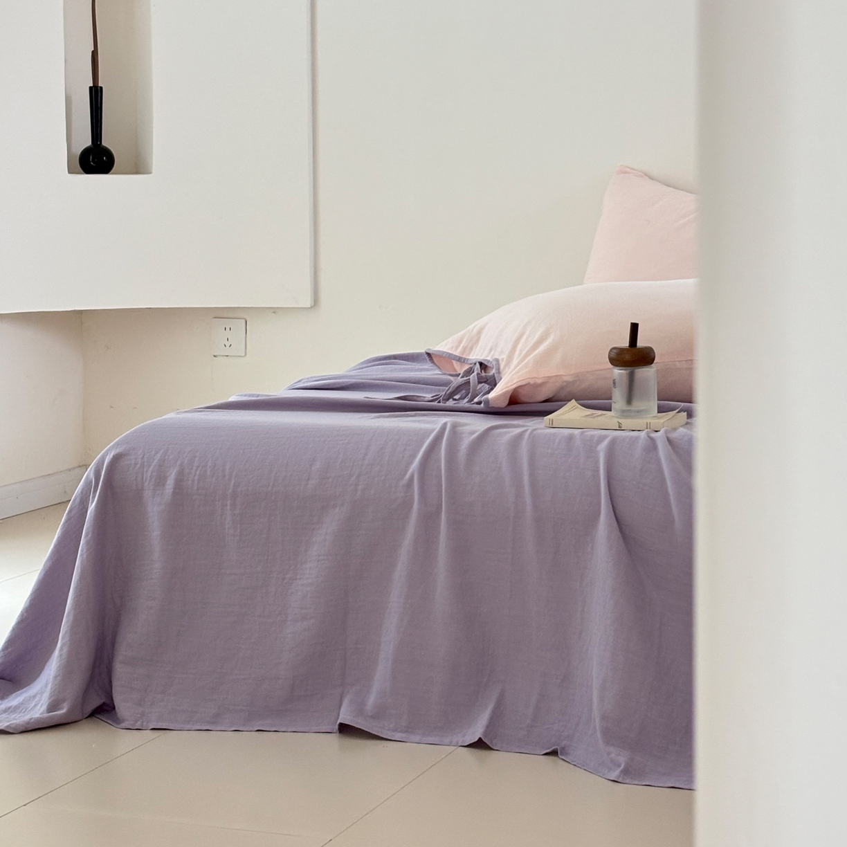 91家纺网 家纺一手货源 找家纺 FORTWO家纺原创设计（FOR TWO家纺） 2025新款40支双层纱撞色包边蝴蝶结款单床单-海盐 海盐-竹桃粉紫