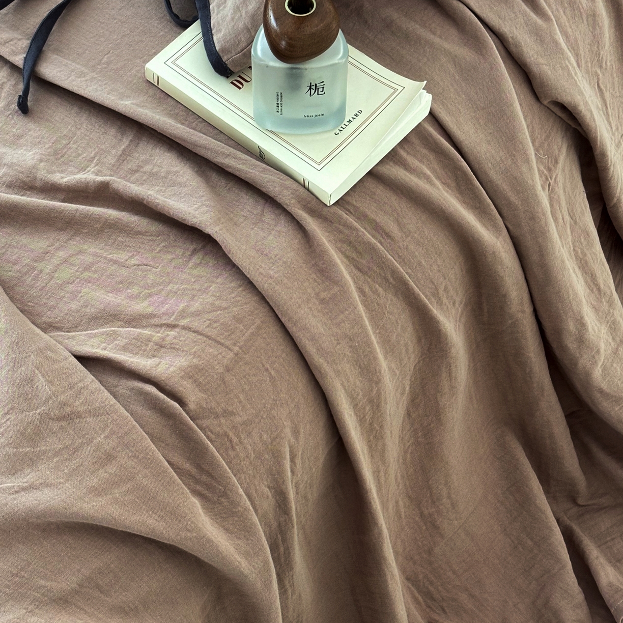 91家纺网 家纺一手货源 找家纺 FORTWO家纺原创设计（FOR TWO家纺） 2025新款40支双层纱撞色包边蝴蝶结款单床单-海盐 海盐-黑巧