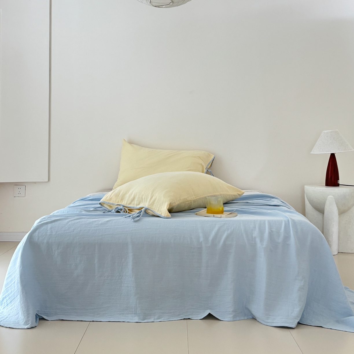 91家纺网 家纺一手货源 找家纺 （总）FORTWO家纺原创设计（FOR TWO家纺） 2025新款40支双层纱撞色包边蝴蝶结款单床单-海盐