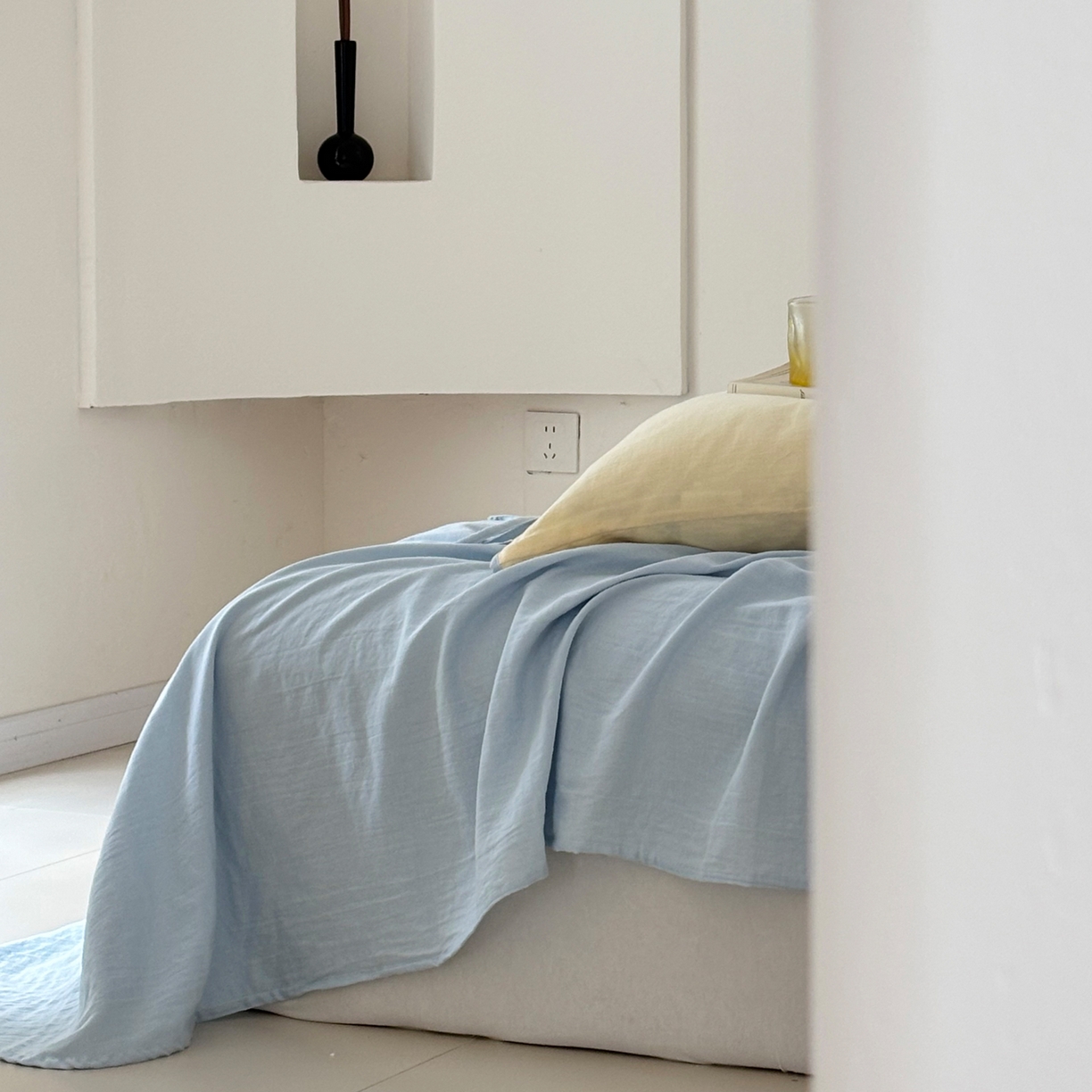 91家纺网 家纺一手货源 找家纺 FORTWO家纺原创设计（FOR TWO家纺） 2025新款40支双层纱撞色包边蝴蝶结款单床单-海盐 海盐-香草蓝